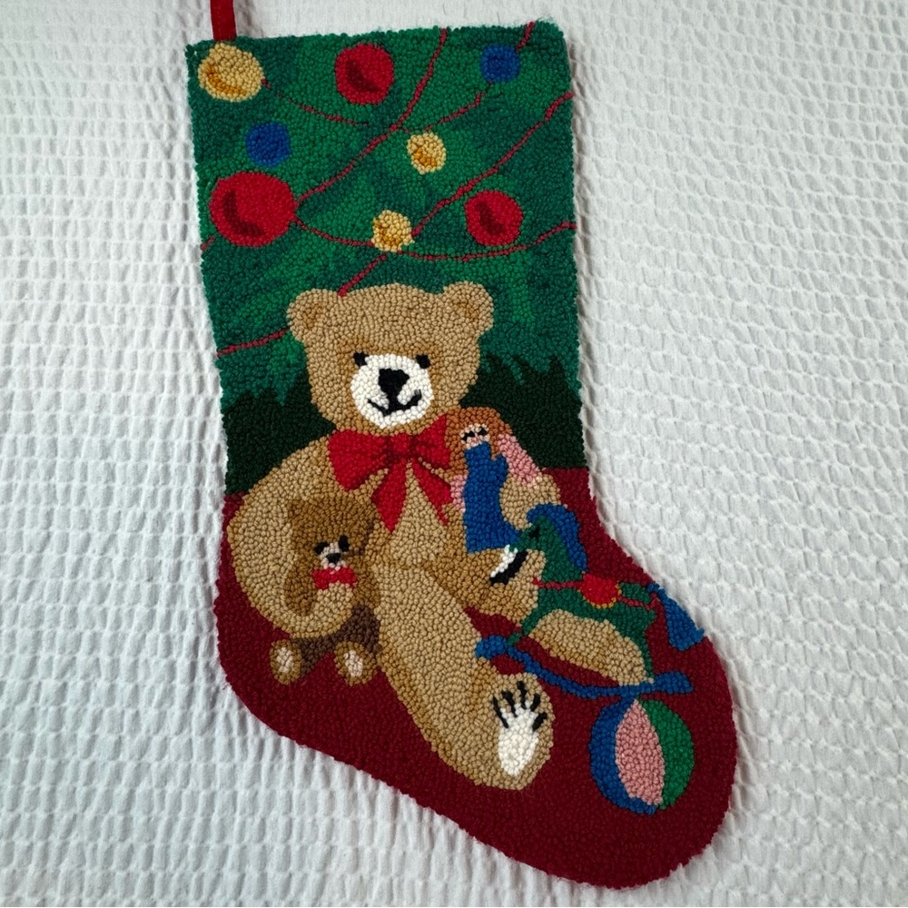 Festive Teddy Bear Christmas Stocking - Vintage- Latch Hook Style